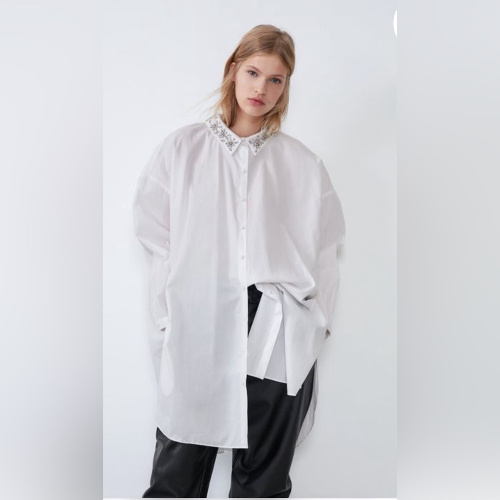 ZARA Woman OVERSIZED cotton shirt embellished collar